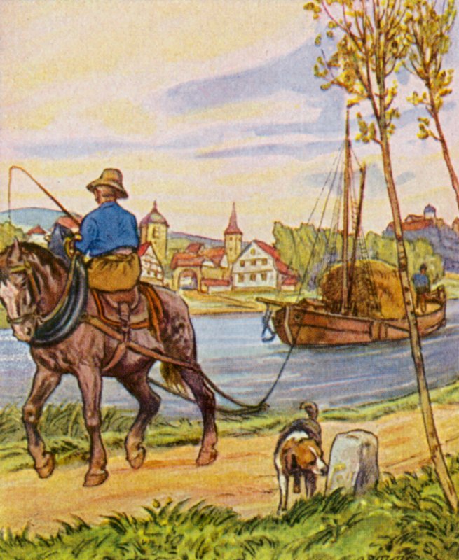 Treidelschiff / Remolcador (litografía en color) de German School