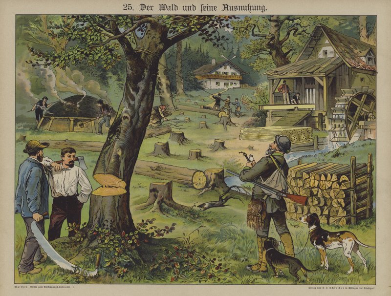 Trabajadores de la madera (litografía en color) de German School