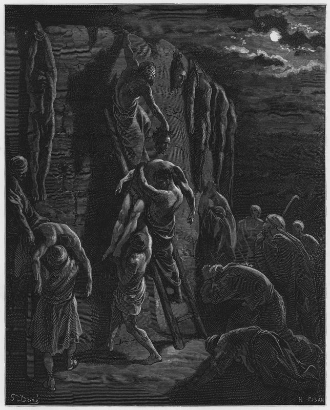 Biblia de Gustave Doré: Los habitantes de Jabes de Galaad recuperando los cuerpos de Saúl y sus hijos de Gustave Dore