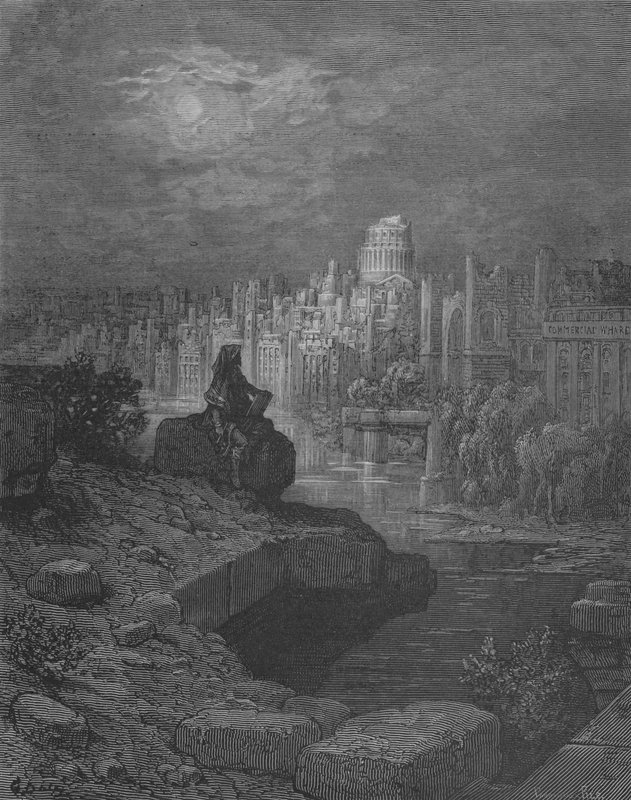Los viajeros se sentarán en las ruinas, a orillas del Támesis de Gustave after Dore