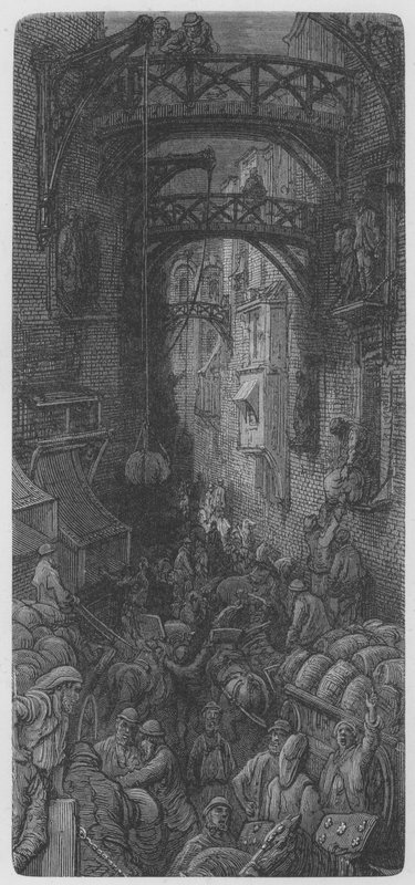 Una calle ocupada de Gustave after Dore