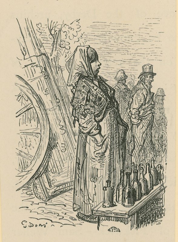 Una mujer vendiendo botellas de vidrio de Gustave Dore