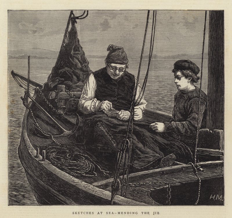 Bocetos en el mar, reparando el foque de Hamilton Macallum