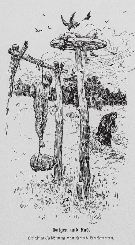 Ejecución: horca y rueda (grabado) de Hans Bachmann