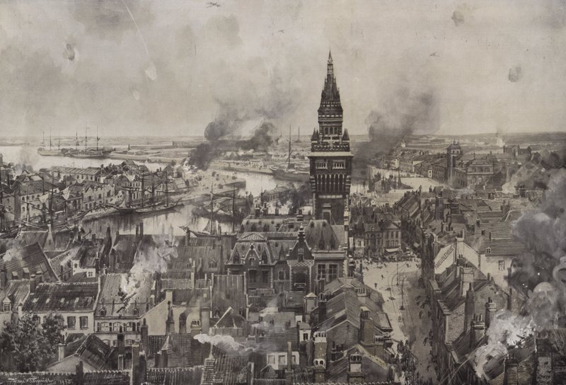El bombardeo de Dunkerque (litografía) de Hans W. (after) Schmidt