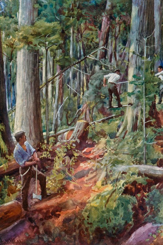 Explotación forestal en Columbia Británica de Harold Copping