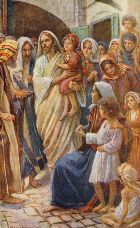 Nuevo Testamento: Los niños (litografía en color) de Harold Copping