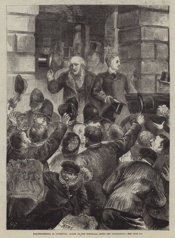 Campaña electoral en Liverpool, escena en el Ayuntamiento después de la nominación de Harry Furniss