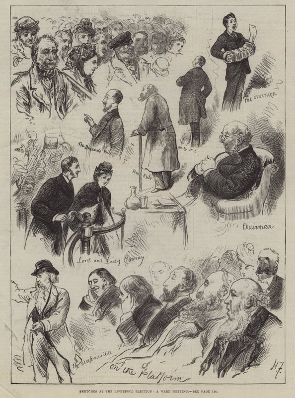 Bocetos en la Elección de Liverpool, una Reunión de Distrito de Harry Furniss