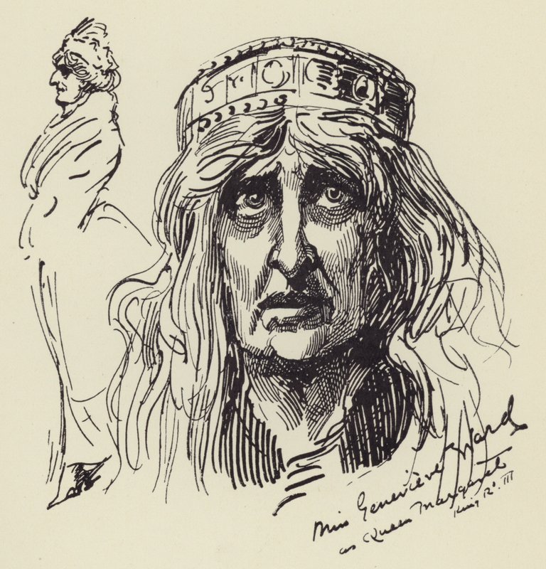 Srta. Genevieve Ward como la Reina Margarita de Harry Furniss