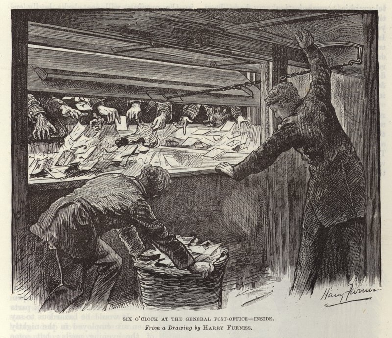 Las seis en la Oficina General de Correos de Harry Furniss