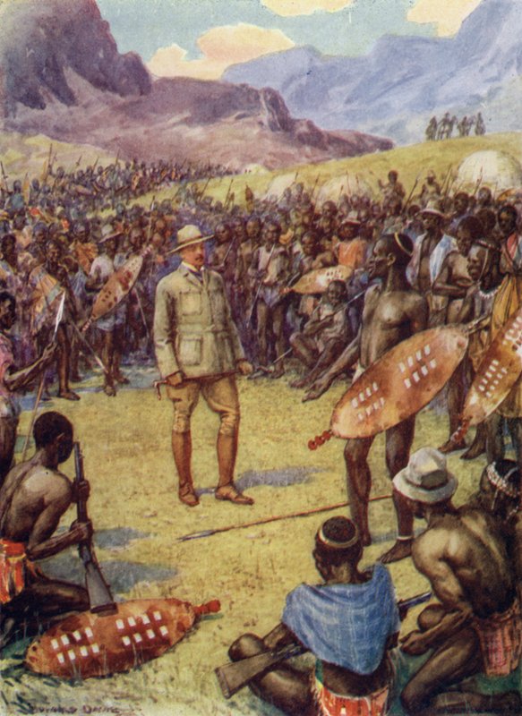 Cecil Rhodes, con los Matabeles (litografía en color) de Howard Davie