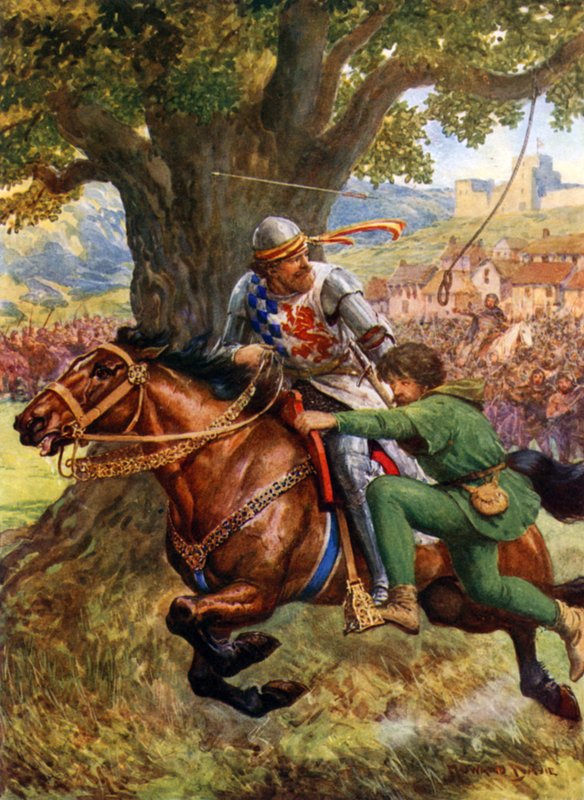 "Robin Hood rescata a Little John" (litografía en color) de Howard Davie