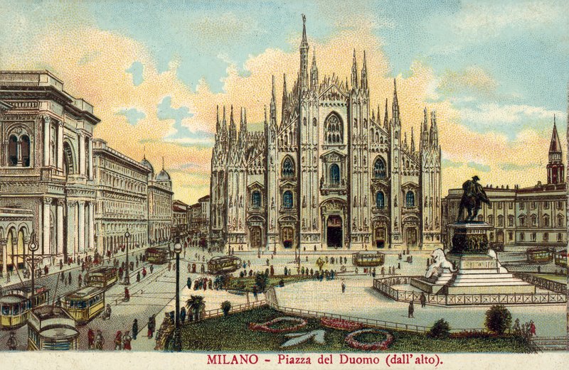 Piazza del Duomo, Milán (litografía en color) de Italian School