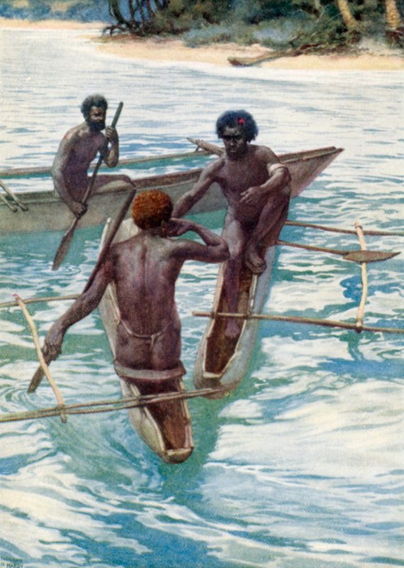 Isleños del Pacífico en sus canoas de J. Williamson