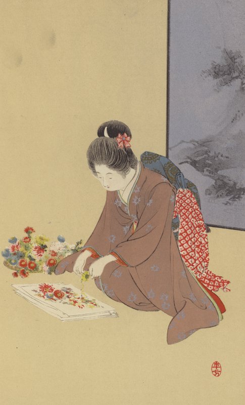 Una niña jugando con crisantemos (cromolito) de Japanese School