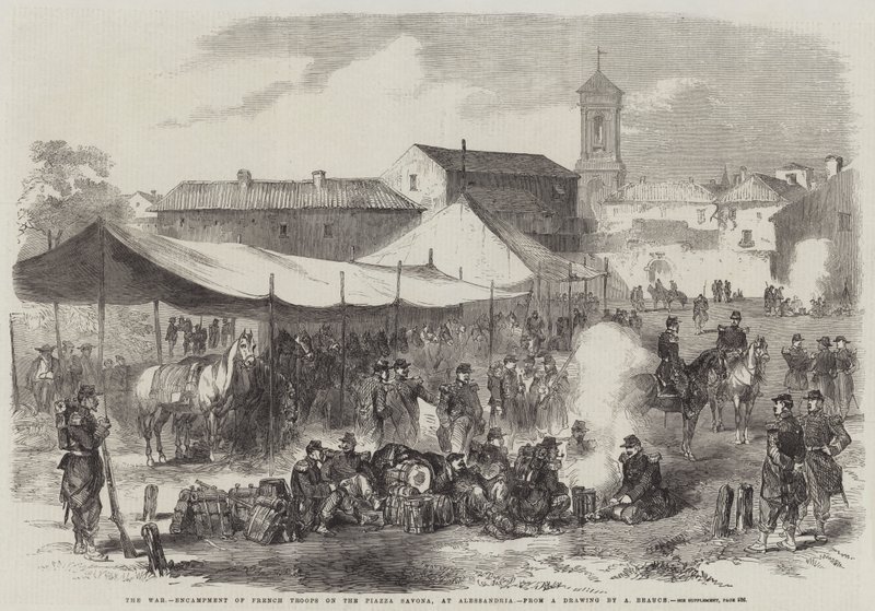 La Guerra, Campamento de Tropas Francesas en la Piazza Savona, en Alessandria de Jean Adolphe Beauce