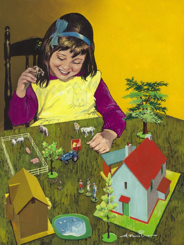 Niña con granja de juguete (gouache sobre papel) de Jesus Blasco
