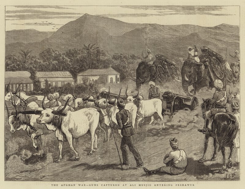 La guerra afgana, cañones capturados en Ali Musjid entrando en Peshawur de John Charles Dollman