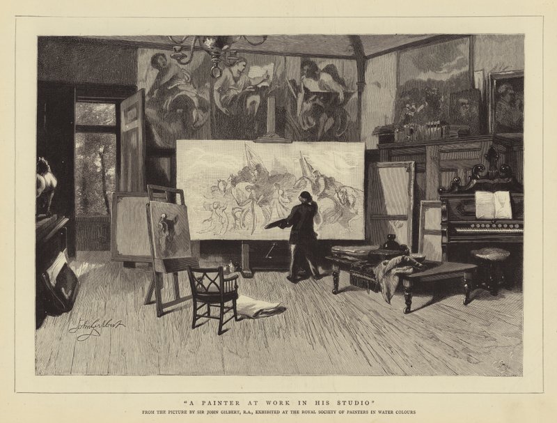 Un pintor trabajando en su estudio de John Gilbert