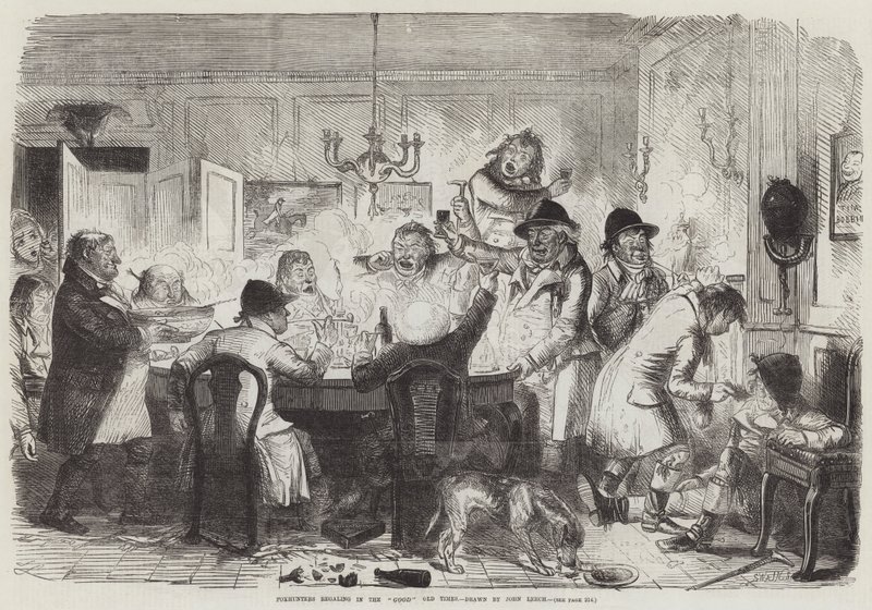 Cazadores de zorros festejando en los Buenos Viejos Tiempos de John Leech