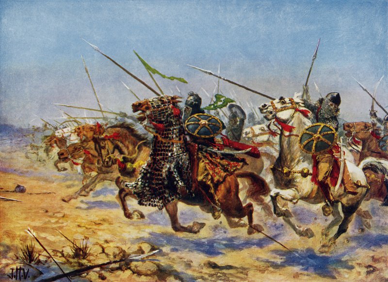 Caballería de Shahrbaraz cargando (litografía a color) de John Harris Valda