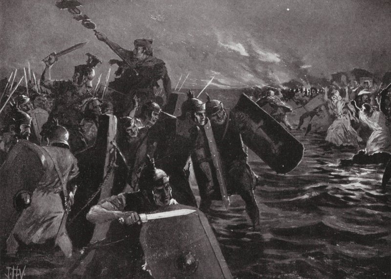 El ataque romano a Anglesea (litografía) de John Harris Valda