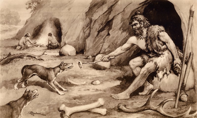 Hombre de las cavernas alimentando a un perro (litografía) de John Macfarlane