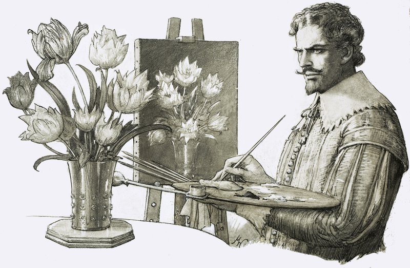 Artista no identificado pintando flores de John Millar Watt
