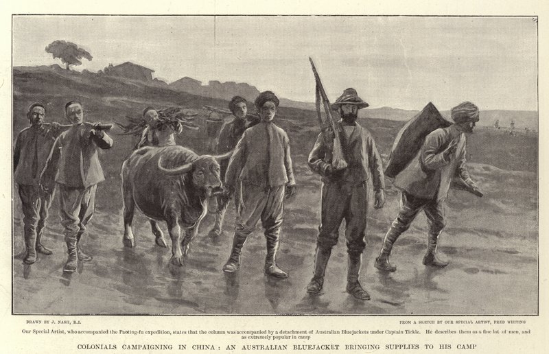 Coloniales en campaña en China, un marinero australiano llevando suministros a su campamento de Joseph Nash