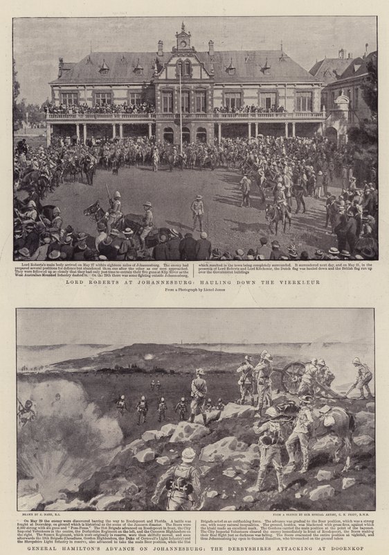 Lord Roberts en Johannesburgo, arriando el Vierkleur, avance del General Hamilton en Johannesburgo, los Derbyshires atacando en Doornkop de Joseph Nash