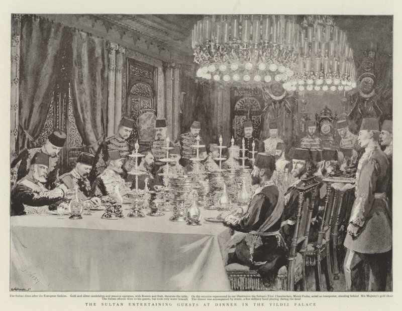 El sultán entreteniendo a los invitados en la cena en el Palacio de Yildiz de Joseph Nash