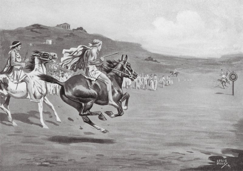 Jinetes griegos lanzando la jabalina (litografía) de Leslie Mosley
