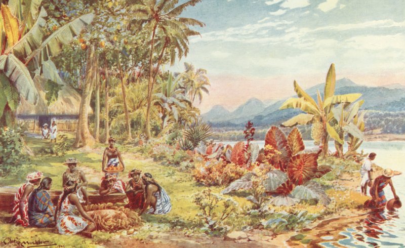 Escena en Tahití (litografía en color) de Louis Fairfax Muckley