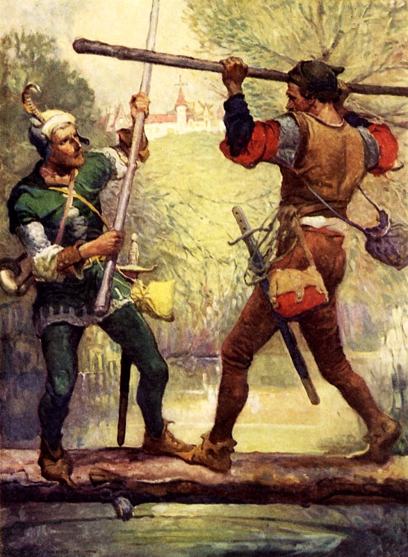 Robin Hood luchando con Pequeño Juan de Louis John Rhead