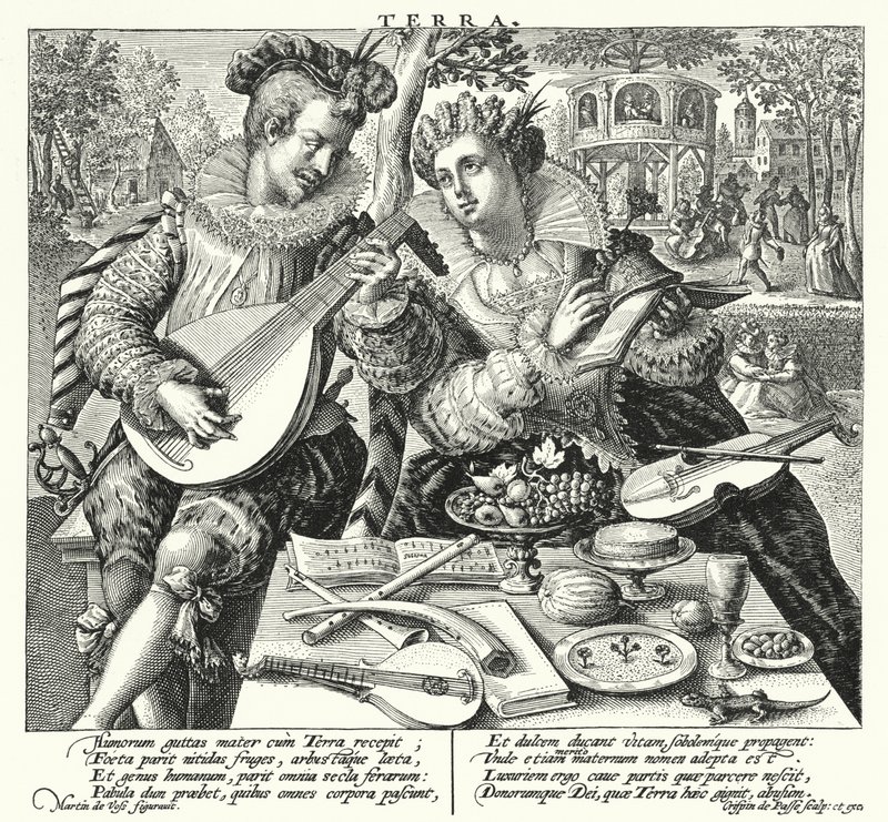La pareja de amantes tocando música de Maarten de after Vos