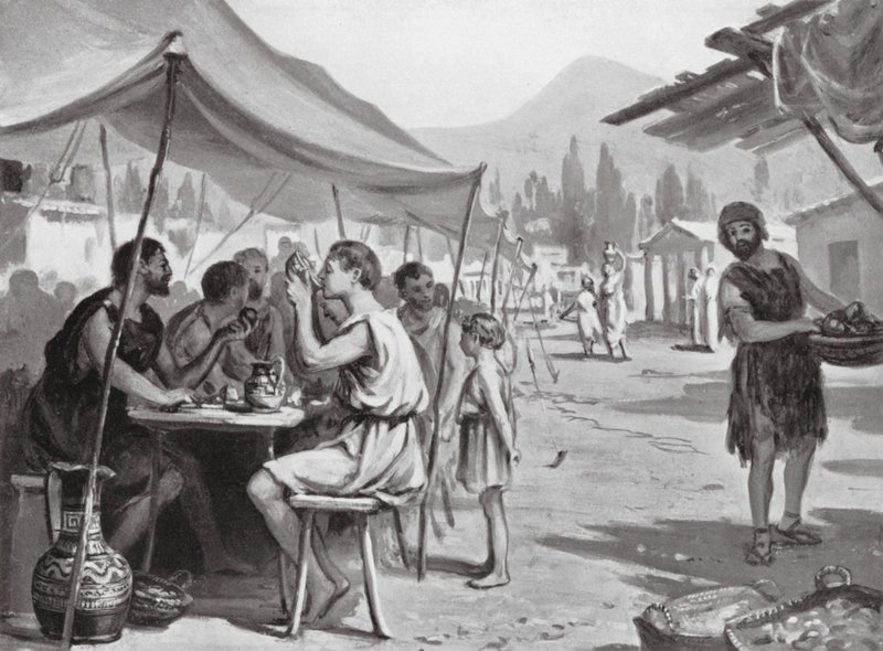 Espartanos comiendo en mesas públicas (litografía) de Margaret (after) Dovaston
