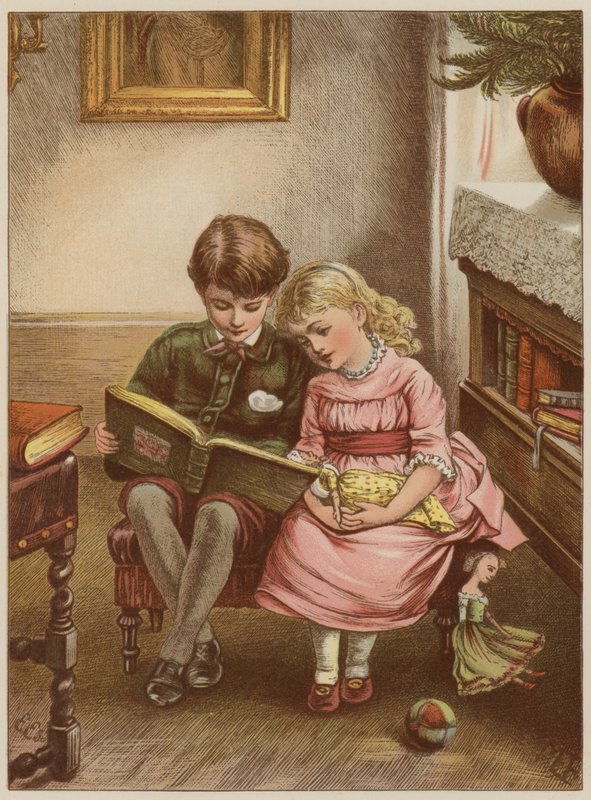 Niño y niña leyendo un libro de Mary Ellen Edwards