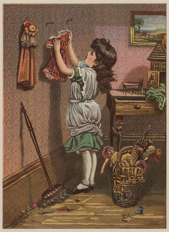 Niña colgando la ropa de las muñecas de Mary Ellen Edwards