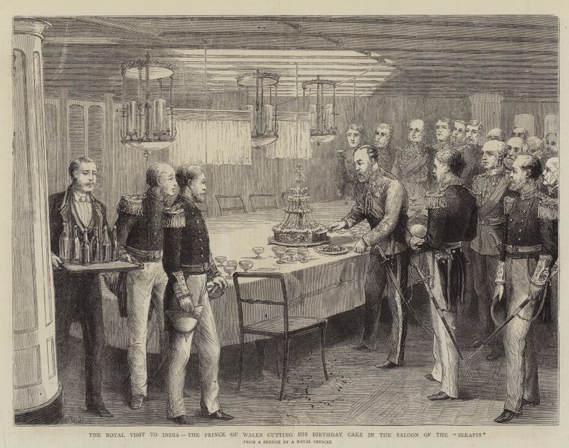 La Visita Real a la India, el Príncipe de Gales cortando su Pastel de Cumpleaños en el Salón del Serapis de Matthew White Ridley