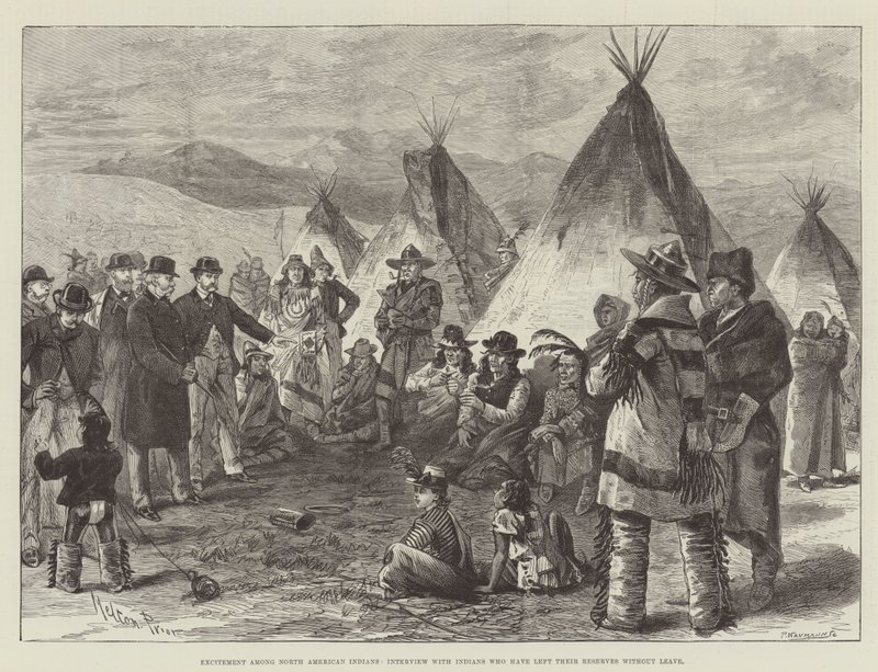 Excitación entre los indios norteamericanos, entrevista con indios que han dejado sus reservas sin permiso de Melton Prior