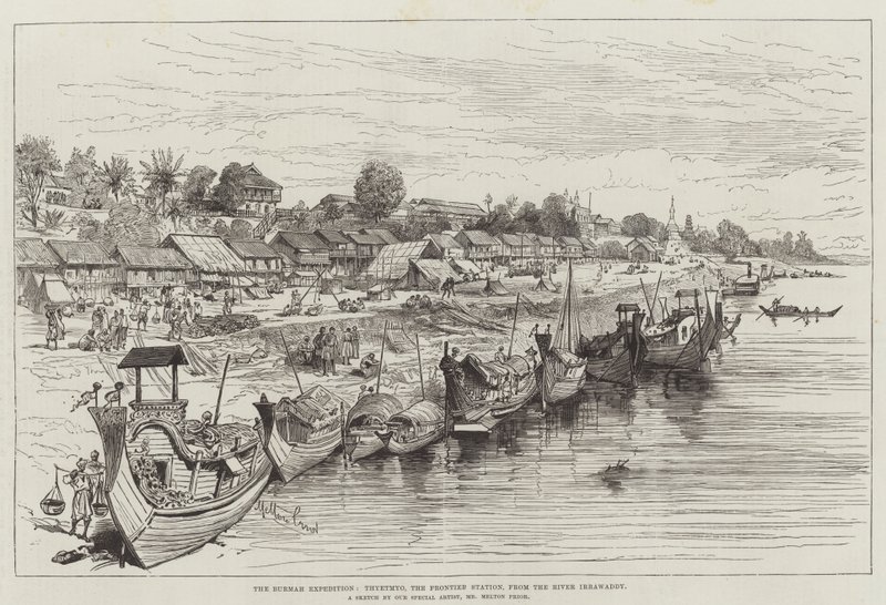 La expedición de Birmania, Thyetmyo, la estación fronteriza, desde el río Irrawaddy de Melton Prior