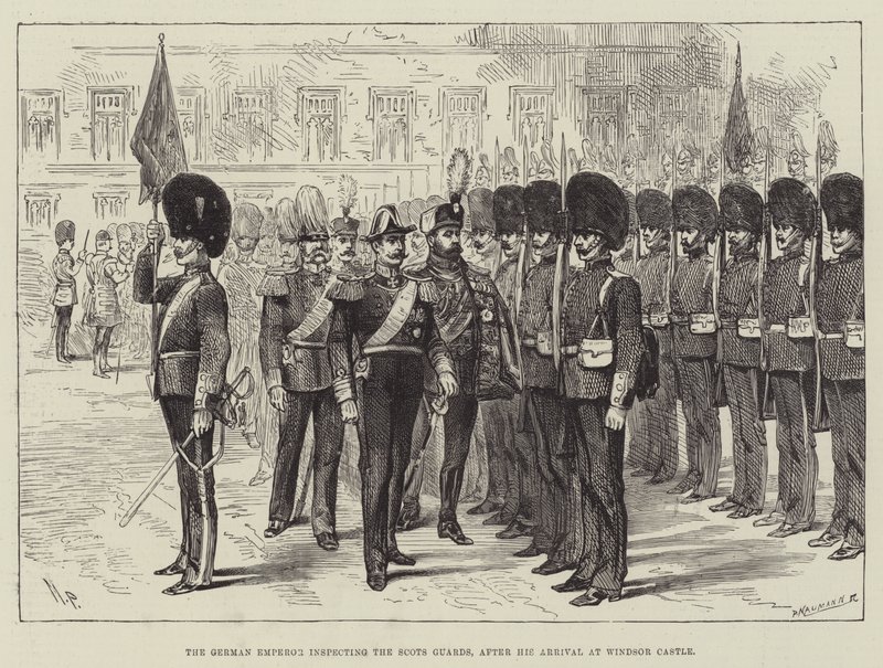 El emperador alemán inspeccionando a los guardias escoceses, después de su llegada al castillo de Windsor de Melton Prior