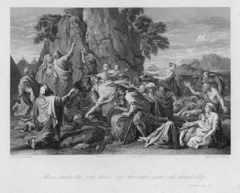 Moisés golpeando la roca, Números XX de Nicolas (after) Poussin