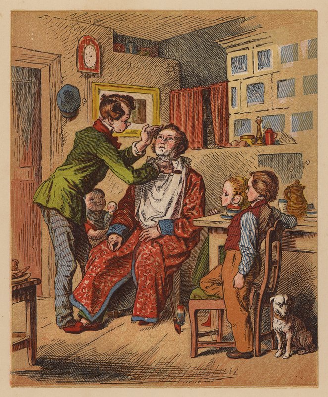 El barbero (litografía en color) de Oskar Pletsch