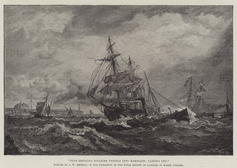 Remolcadores trayendo barcos discapacitados a Ramsgate, soltando amarras de Oswald Walters Brierly