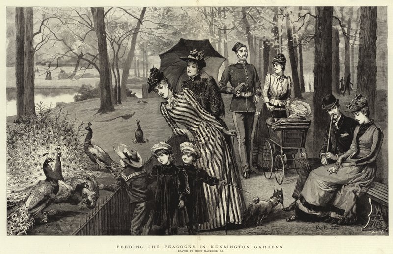 Alimentando a los Pavos Reales en los Jardines de Kensington de Percy Macquoid