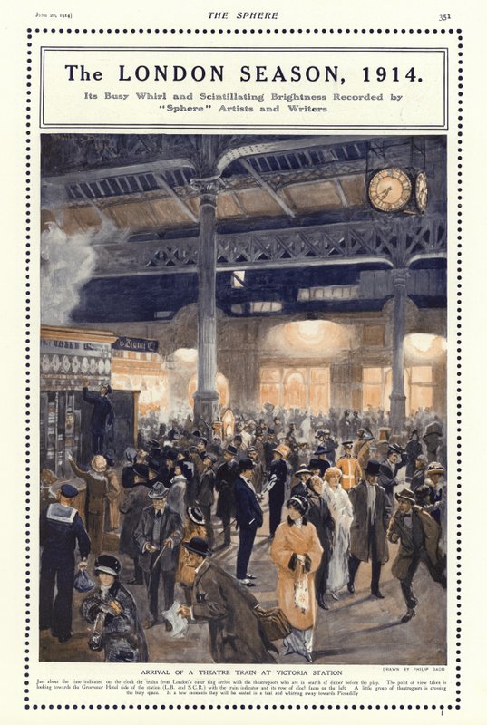 Llegada de un tren de teatro a la estación Victoria, Londres de Philip Dadd