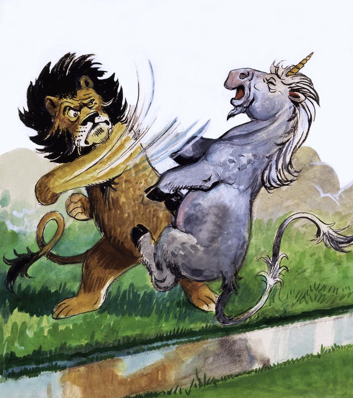 León golpeando a un unicornio de Philip Mendoza