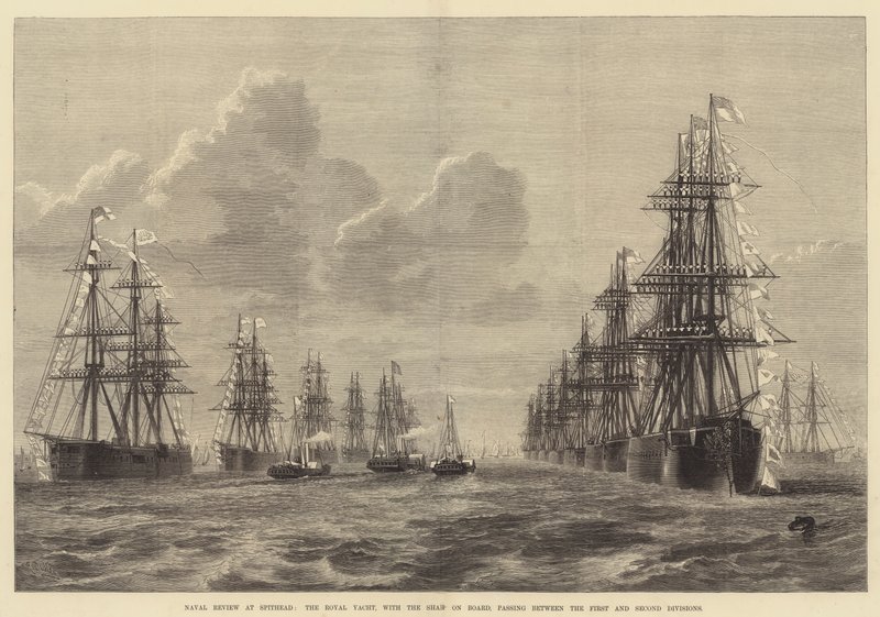 Revisión naval en Spithead, el yate real, con el Shah a bordo, pasando entre la primera y segunda división de R. Dudley